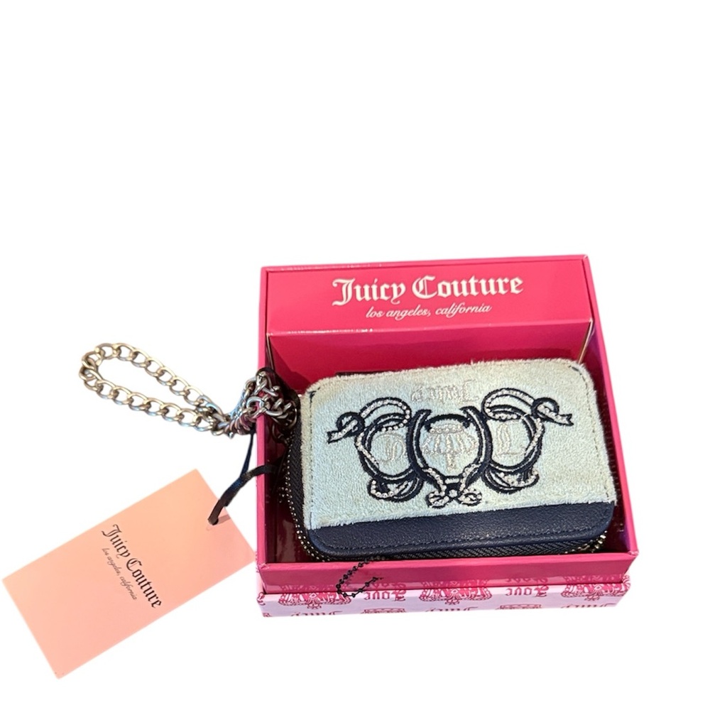 Juicy Couture‎ Lovers Club Baby Blue Rhinestone Heart Zip Credit Card Wallet NWT